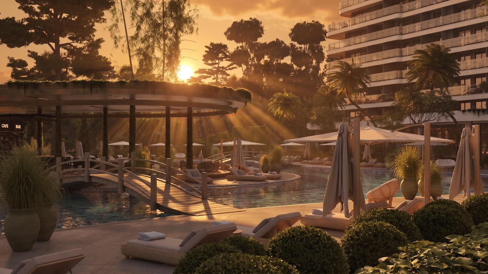 Dreamland Oasis — территория комплекса в лучах закатного солнца