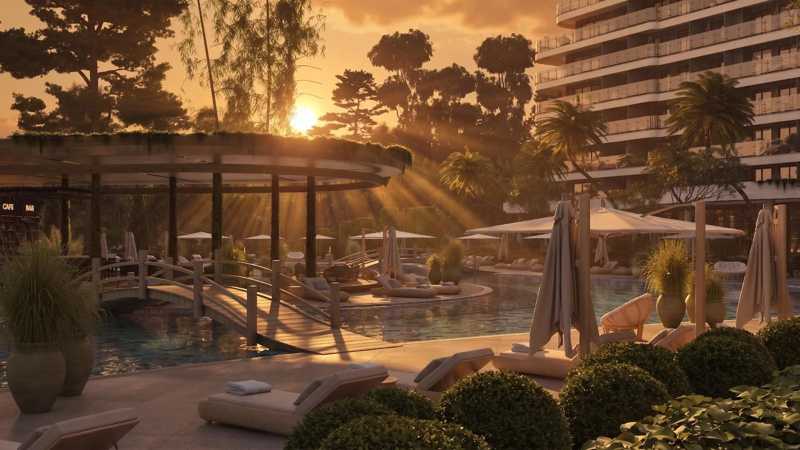 Dreamland Oasis — территория комплекса в лучах закатного солнца